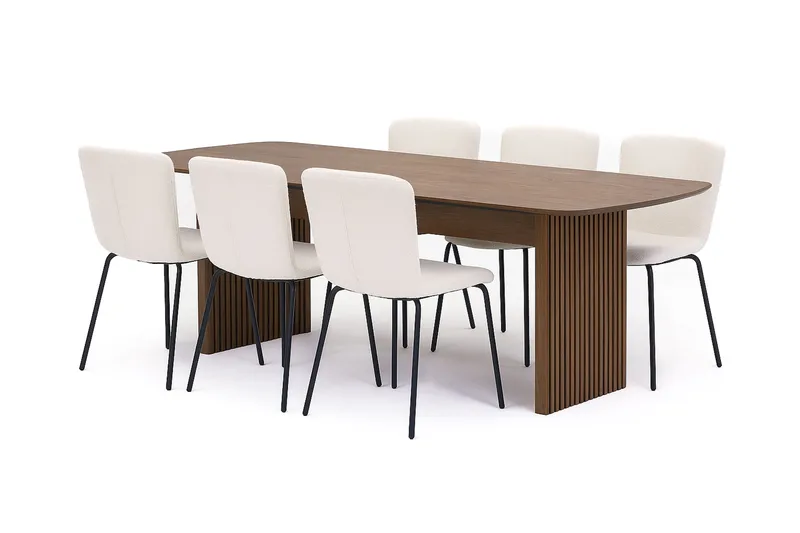 Richeto Ruokapöytä 210 cm 6 Katy Ruokatuolilla, Savutammi / Valkoinen Bouclé