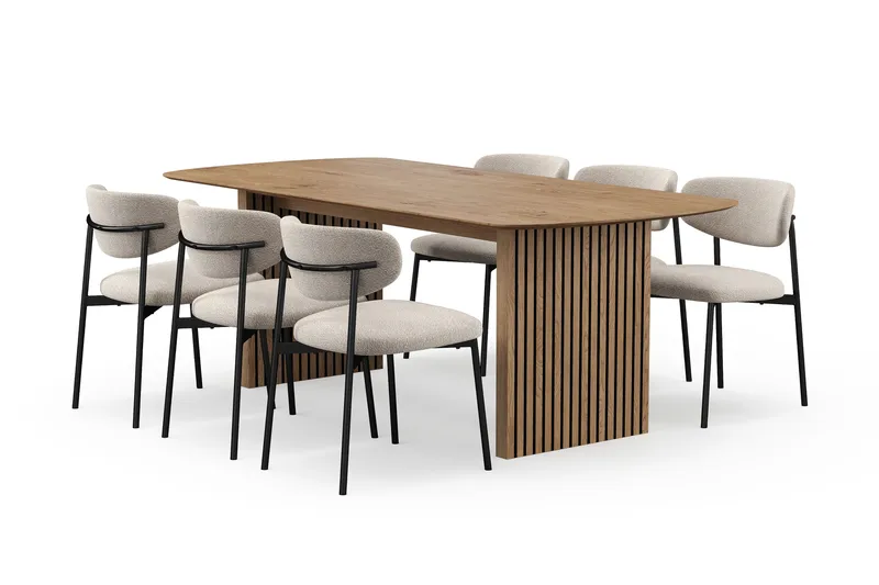 Richeto Ruokapöytä 210 cm 6 Lucy Ruokatuolilla, Luonnollinen viimeistely / Greige Bouclé / Metallijalat Musta