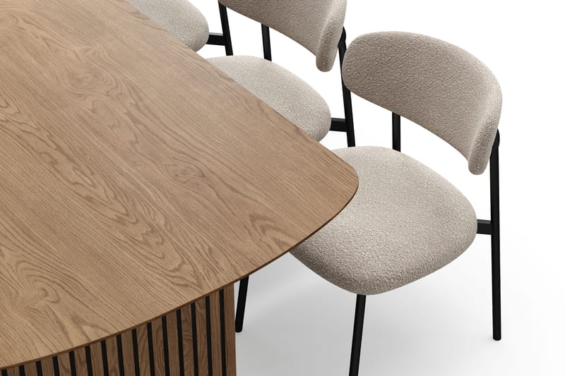 Richeto Ruokapöytä 210 cm 6 Lucy Ruokatuolilla - Luonnollinen viimeistely / Greige Bouclé / Metallijalat Musta - Huonekalut - Pöytä & ruokailuryhmä - Ruokailuryhmä