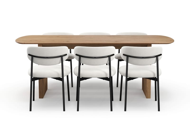 Richeto Ruokapöytä 210 cm 6 Lucy Ruokatuolilla - Luonnollinen viimeistely / Valkoinen Bouclé / Metallijalat Musta - Huonekalut - Pöytä & ruokailuryhmä - Ruokailuryhmä