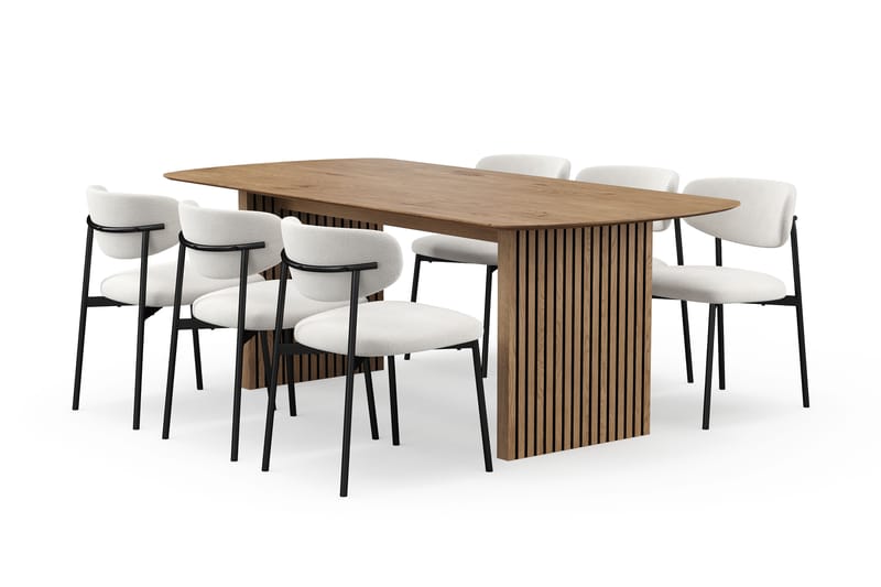 Richeto Ruokapöytä 210 cm 6 Lucy Ruokatuolilla, Luonnollinen viimeistely / Valkoinen Bouclé / Metallijalat Musta