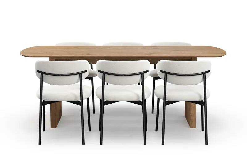 Richeto Ruokapöytä 210 cm 6 Lucy Ruokatuolilla - Luonnollinen viimeistely / Valkoinen Bouclé / Metallijalat Musta - Huonekalut - Pöytä & ruokailuryhmä - Ruokailuryhmä