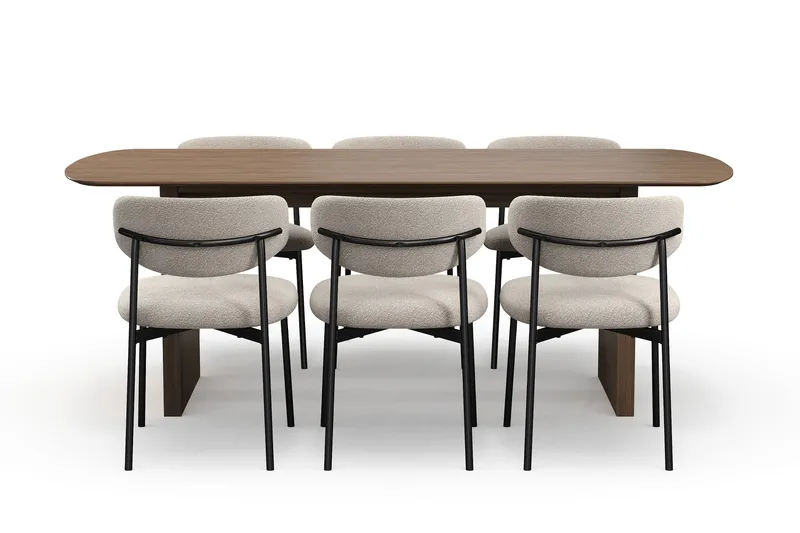 Richeto Ruokapöytä 210 cm 6 Lucy Ruokatuolilla - Savutammi / Greige Bouclé - Huonekalut - Pöytä & ruokailuryhmä - Ruokailuryhmä