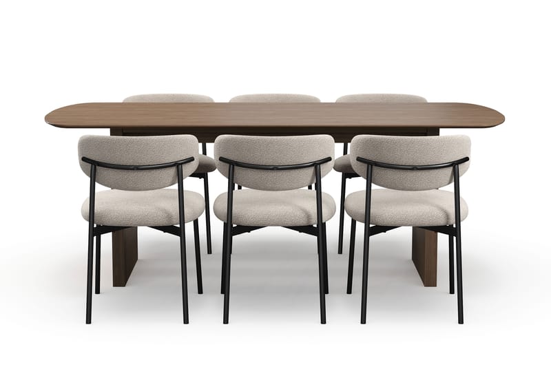 Richeto Ruokapöytä 210 cm 6 Lucy Ruokatuolilla - Savutammi / Greige Bouclé - Huonekalut - Pöytä & ruokailuryhmä - Ruokailuryhmä