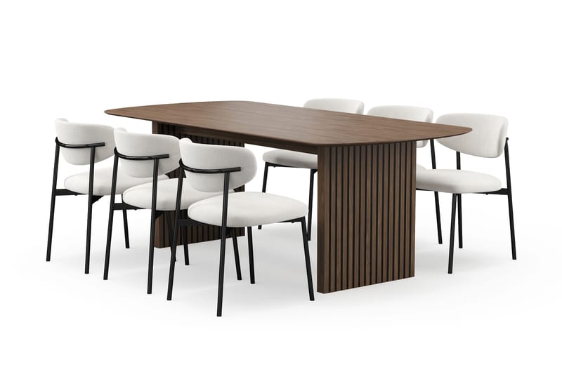 Richeto Ruokapöytä 210 cm 6 Lucy Ruokatuolilla, Savutammi / Valkoinen Bouclé