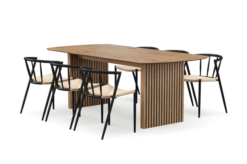 Richeto Ruokapöytä 210 cm 6 Winston Ruokatuolilla, Luonnollinen viimeistely / Beige / Metallijalat Musta