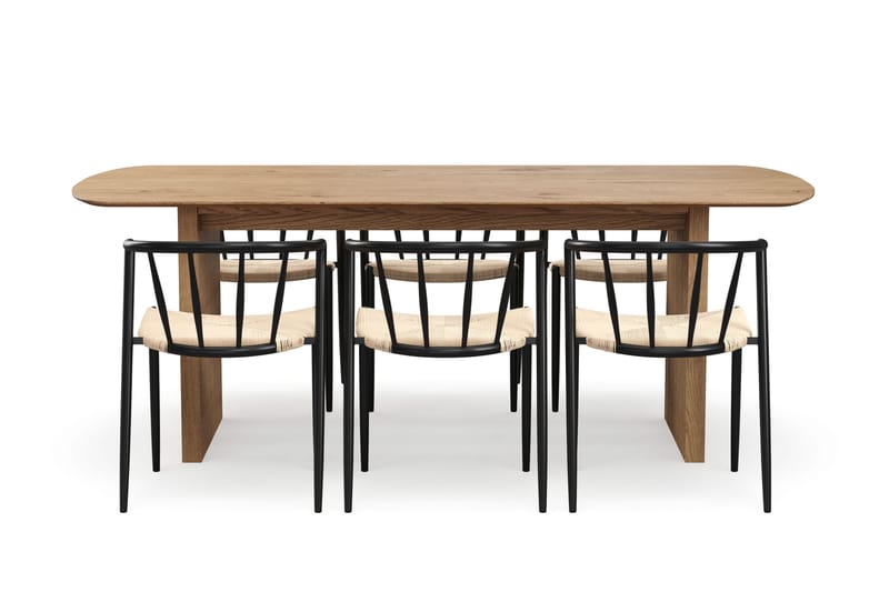 Richeto Ruokapöytä 210 cm 6 Winston Ruokatuolilla - Luonnollinen viimeistely / Beige / Metallijalat Musta - Huonekalut - Pöytä & ruokailuryhmä - Ruokailuryhmä