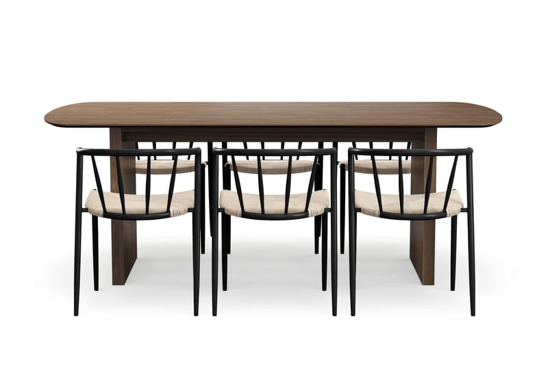 Richeto Ruokapöytä 210 cm 6 Winston Ruokatuolilla - Savutammi / Beige / Metallijalat Musta - Huonekalut - Pöytä & ruokailuryhmä - Ruokailuryhmä