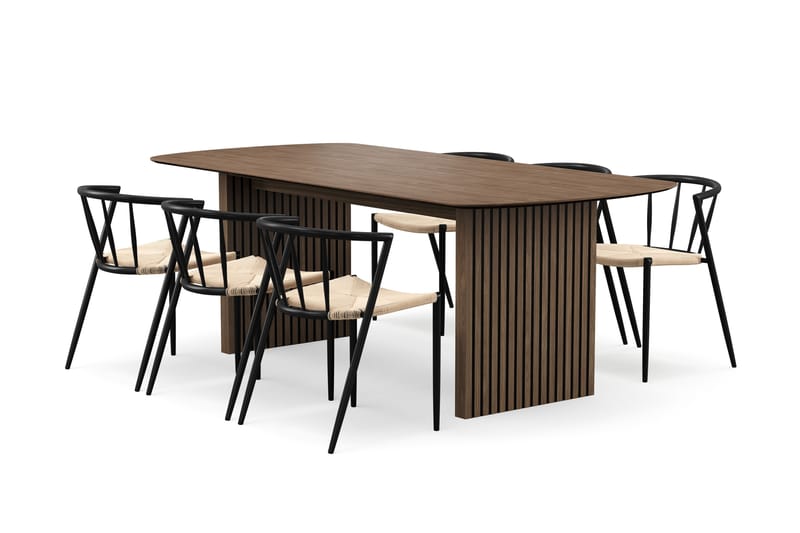 Richeto Ruokapöytä 210 cm 6 Winston Ruokatuolilla, Savutammi / Beige / Metallijalat Musta