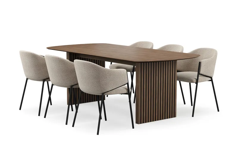Richeto-ruokapöytä 210 cm ja 6 Filip-ruokatuolia, Savutammi / taupe bouclé