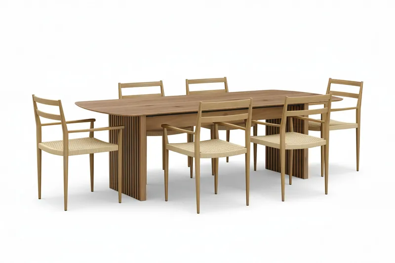 Richeto Ruokapöytä 210 cm ja 6 Jamna Käsinojallista tuolia, Ruskea