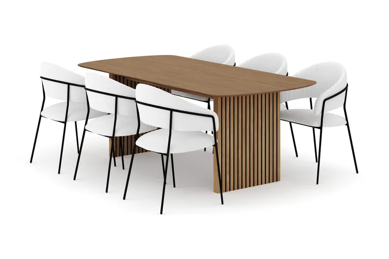 Richeto Ruokapöytä 210 cm ja 6 Karol Ruokatuolia, Luonnollinen viimeistely / Valkoinen Bouclé