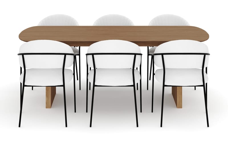 Richeto Ruokapöytä 210 cm ja 6 Karol Ruokatuolia - Luonnollinen viimeistely / Valkoinen Bouclé - Huonekalut - Pöytä & ruokailuryhmä - Ruokailuryhmä