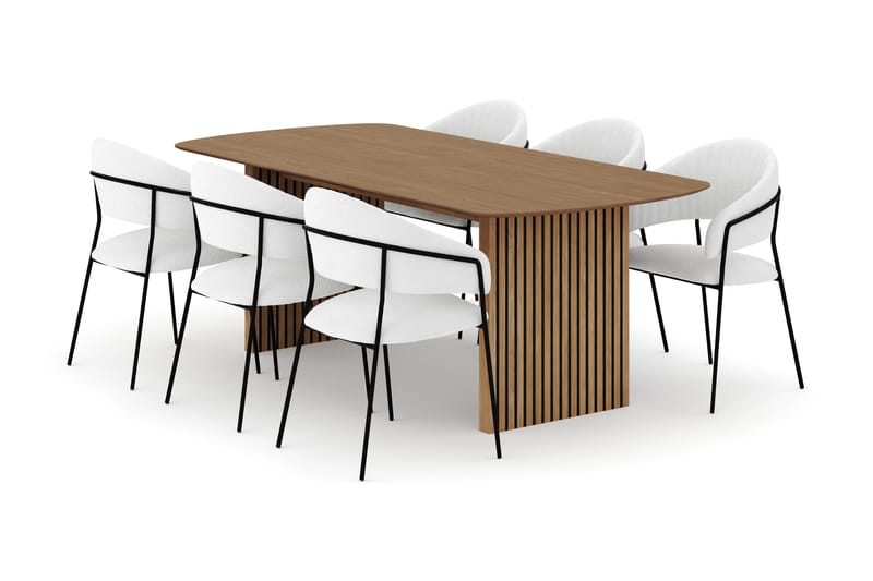 Richeto Ruokapöytä 210 cm ja 6 Karol Ruokatuolia, Luonnollinen viimeistely / Valkoinen Bouclé