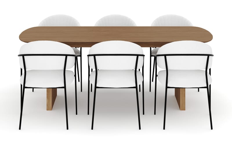 Richeto Ruokapöytä 210 cm ja 6 Karol Ruokatuolia - Luonnollinen viimeistely / Valkoinen Bouclé - Huonekalut - Pöytä & ruokailuryhmä - Ruokailuryhmä