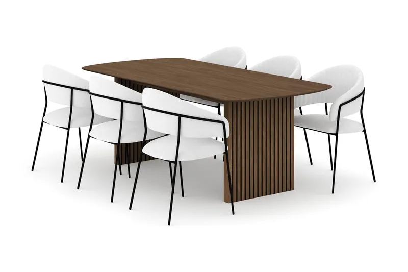 Richeto Ruokapöytä 210 cm ja 6 Karol Ruokatuolia, Savutammi / Valkoinen Bouclé