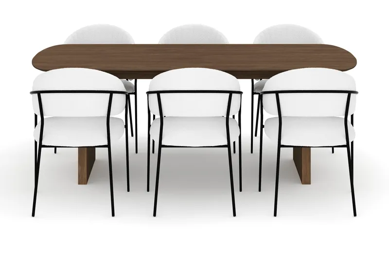 Richeto Ruokapöytä 210 cm ja 6 Karol Ruokatuolia - Savutammi / Valkoinen Bouclé - Huonekalut - Pöytä & ruokailuryhmä - Ruokailuryhmä