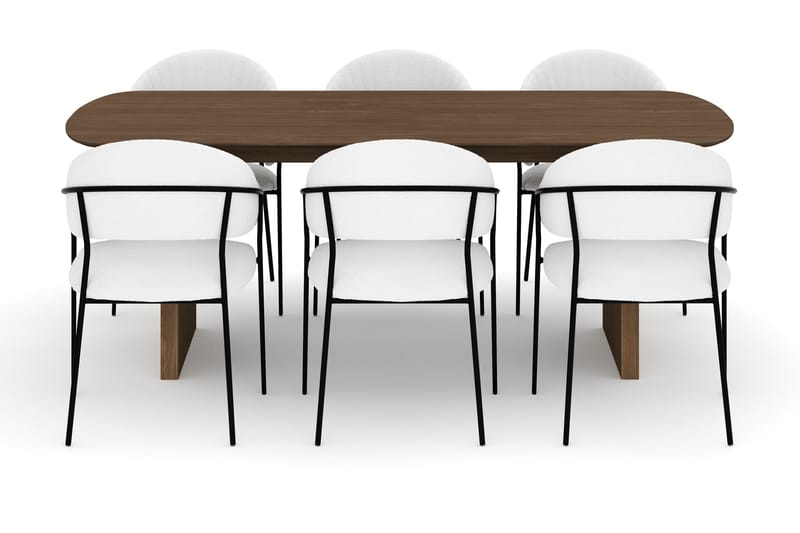 Richeto Ruokapöytä 210 cm ja 6 Karol Ruokatuolia - Savutammi / Valkoinen Bouclé - Huonekalut - Pöytä & ruokailuryhmä - Ruokailuryhmä