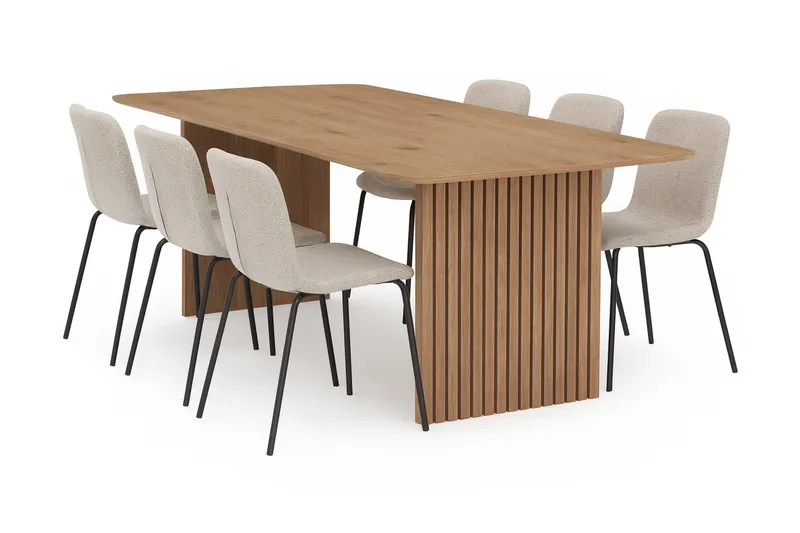 Richeto-ruokapöytä 210 cm ja 6 Katy-ruokatuolia, Luonnollinen viimeistely / Greige-bouclé / Metallijalat musta