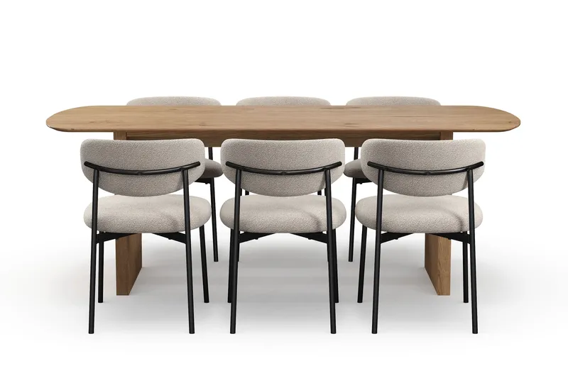 Richeto-ruokapöytä 210 cm ja 6 Lucy-ruokatuolia - Luonnollinen viimeistely / Greige-bouclé / Metallijalat musta - Huonekalut - Pöytä & ruokailuryhmä - Ruokailuryhmä