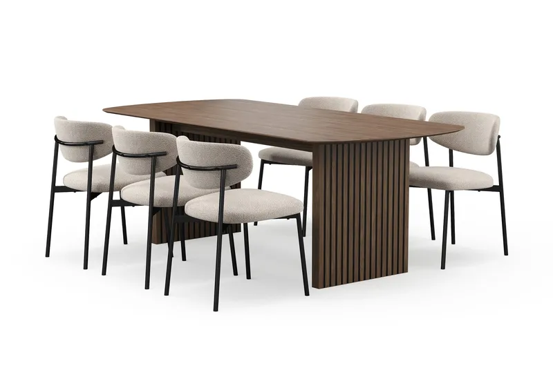 Richeto-ruokapöytä 210 cm ja 6 Lucy-ruokatuolia, Savustettu tammi / Greige-bouclé