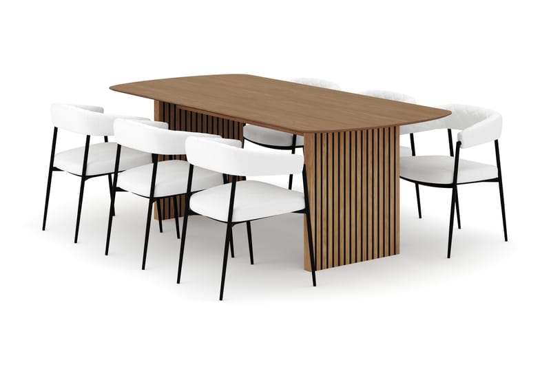 Richeto Ruokapöytä 210 cm ja 6 Velma Ruokatuolia, Luonnollinen viimeistely / Valkoinen Bouclé