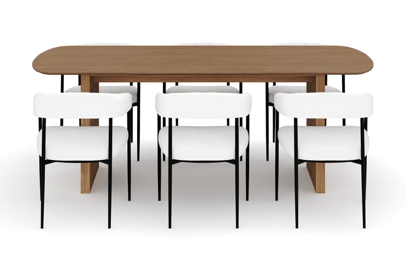 Richeto Ruokapöytä 210 cm ja 6 Velma Ruokatuolia - Luonnollinen viimeistely / Valkoinen Bouclé - Huonekalut - Pöytä & ruokailuryhmä - Ruokailuryhmä