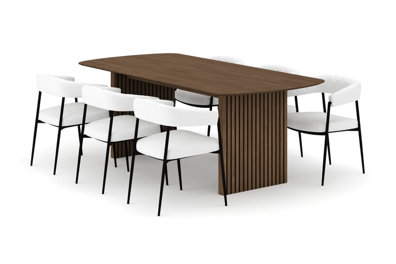 Richeto Ruokapöytä 210 cm ja 6 Velma Ruokatuolia, Savutammi / Valkoinen Bouclé