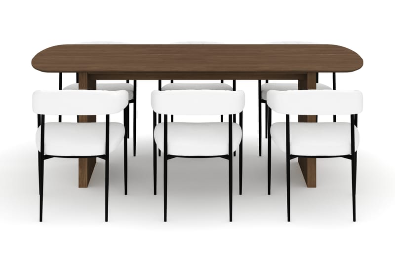 Richeto Ruokapöytä 210 cm ja 6 Velma Ruokatuolia - Savutammi / Valkoinen Bouclé - Huonekalut - Pöytä & ruokailuryhmä - Ruokailuryhmä