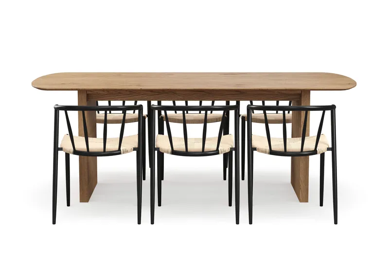 Richeto-ruokapöytä 210 cm ja 6 Winston-ruokatuolia - Luonnollinen viimeistely / Beige / Metallijalat musta - Huonekalut - Pöytä & ruokailuryhmä - Ruokailuryhmä