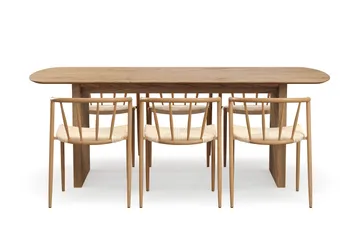 Richeto-ruokapöytä 210 cm ja 6 Winston-ruokatuolia - Luonnollinen viimeistely / Beige / Metallijalat tammi - Huonekalut - Pöytä & ruokailuryhmä - Ruokailuryhmä