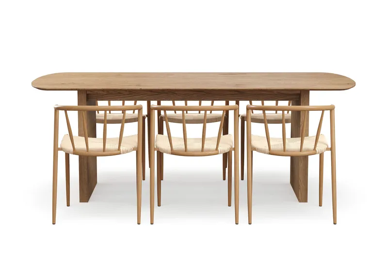 Richeto-ruokapöytä 210 cm ja 6 Winston-ruokatuolia - Luonnollinen viimeistely / Beige / Metallijalat tammi - Huonekalut - Pöytä & ruokailuryhmä - Ruokailuryhmä