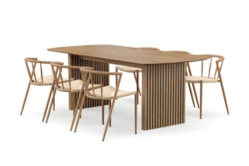 Richeto-ruokapöytä 210 cm ja 6 Winston-ruokatuolia - Luonnollinen viimeistely / Beige / Metallijalat tammi - Huonekalut - Pöytä & ruokailuryhmä - Ruokailuryhmä