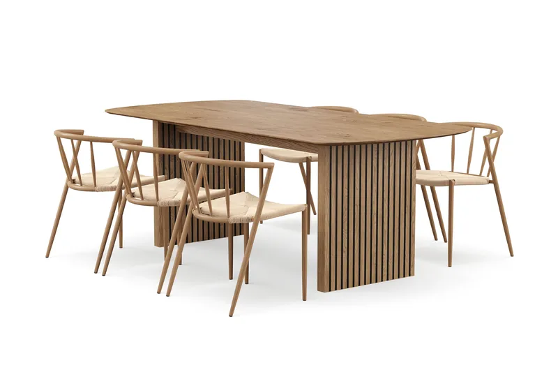 Richeto-ruokapöytä 210 cm ja 6 Winston-ruokatuolia - Luonnollinen viimeistely / Beige / Metallijalat tammi - Huonekalut - Pöytä & ruokailuryhmä - Ruokailuryhmä