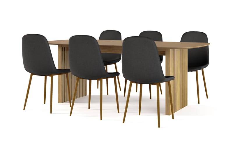 Richeto Ruokapöytä 210 cm tammi + 6 kpl Naira tuoli musta tammijaloilla, Luonnonväri/Musta