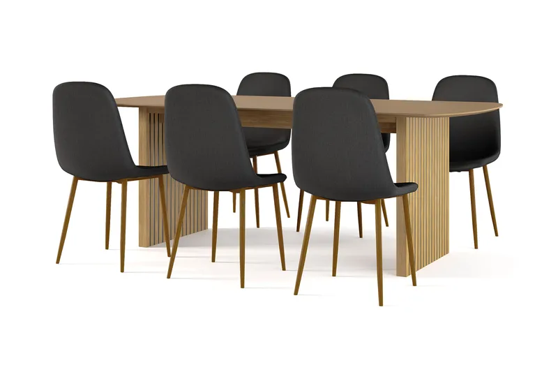Richeto Ruokapöytä 210 cm tammi + 6 kpl Naira tuoli musta tammijaloilla, Luonnonväri/Musta