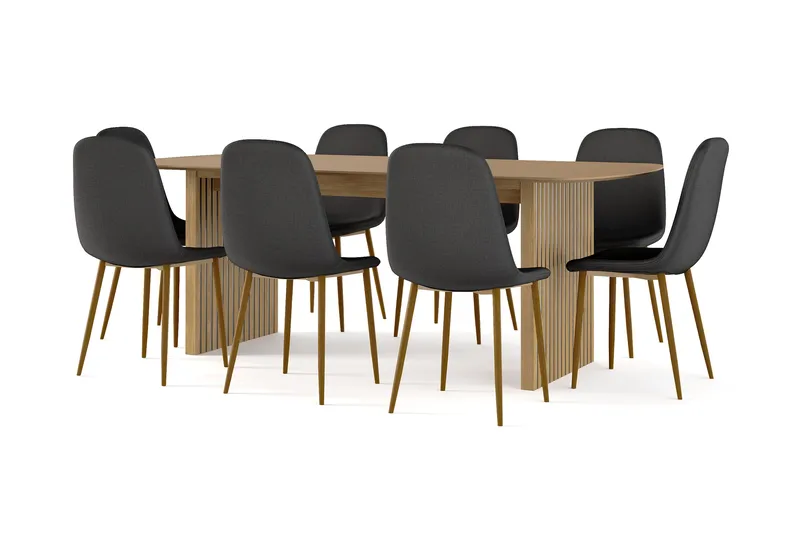 Richeto Ruokapöytä 210 cm tammi + 8 kpl Naira tuoli musta tammijaloilla, Luonnonväri/Musta
