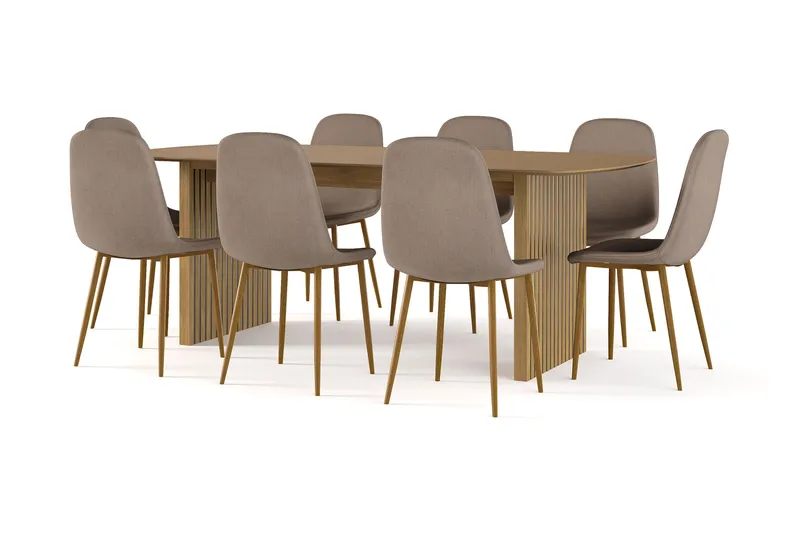 Richeto Ruokapöytä 210 cm tammi + 8 kpl Naira tuoli ruskea tammijaloilla, Luonnonväri/Ruskea