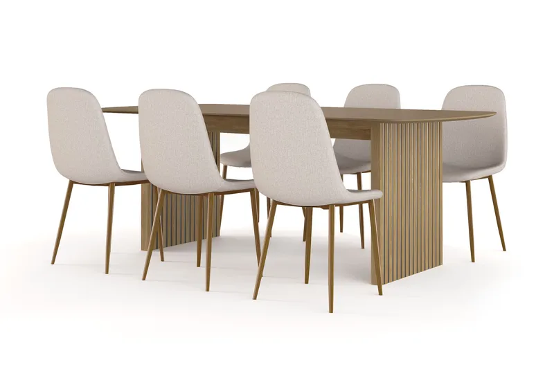 Richeto-ruokapöytä 210 cm tammi + 6 kpl Nibe-tuolia beige, tammijalat, Luonnonväri/beige