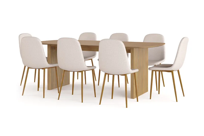 Richeto-ruokapöytä 210 cm tammi + 8 kpl Nibe-tuolia beige, tammijalat, Luonnonväri/beige