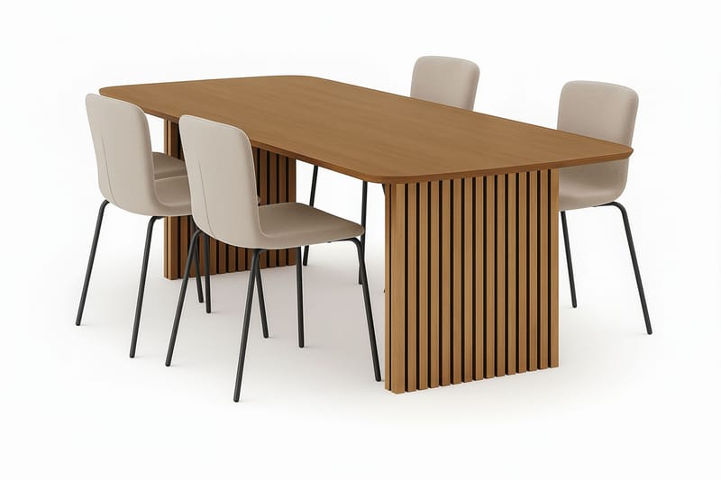 Richeto Ruokapöytä 240 cm 4 Katy Ruokatuolilla, Luonnollinen viimeistely / Greige Bouclé / Metallijalat Musta