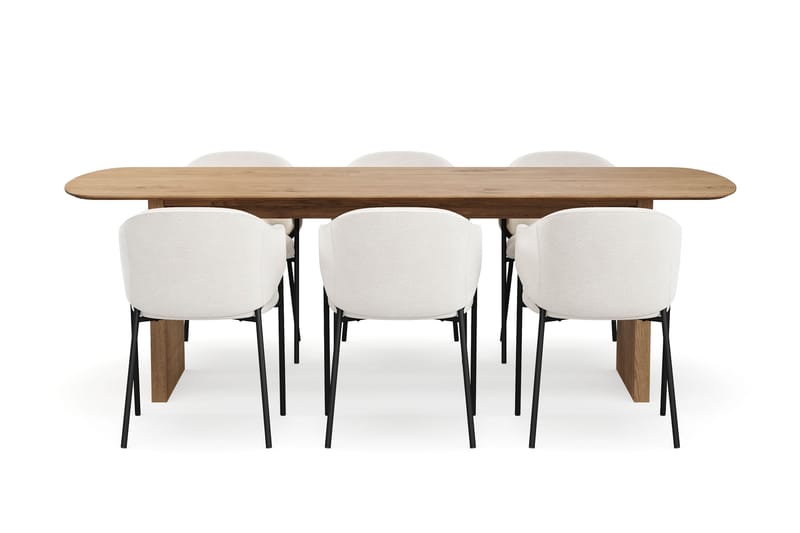 Richeto Ruokapöytä 240 cm 6 Filip Ruokatuolilla - Luonnollinen viimeistely / Valkoinen Bouclé - Huonekalut - Pöytä & ruokailuryhmä - Ruokailuryhmä