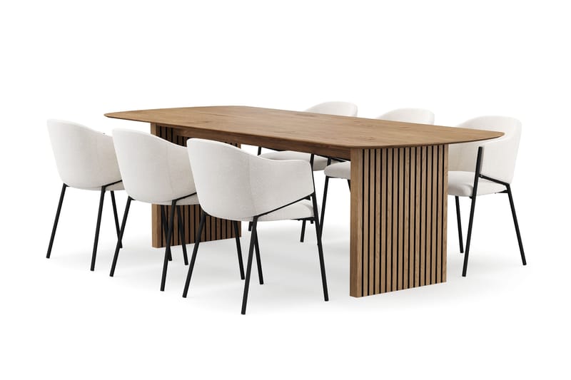 Richeto Ruokapöytä 240 cm 6 Filip Ruokatuolilla, Luonnollinen viimeistely / Valkoinen Bouclé