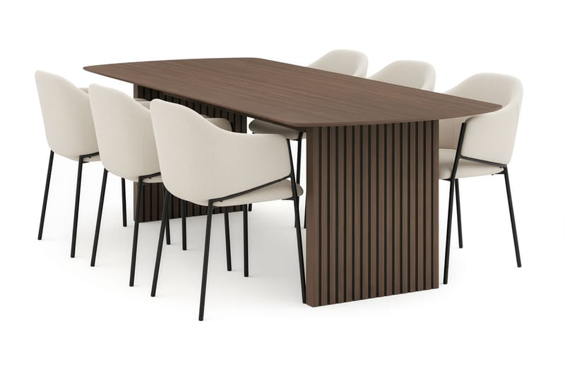 Richeto Ruokapöytä 240 cm 6 Filip Ruokatuolilla, Savutammi / Valkoinen Bouclé