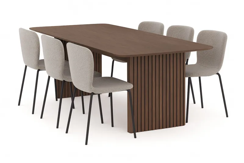 Richeto Ruokapöytä 240 cm 6 Katy Ruokatuolilla, Savutammi / Greige Bouclé