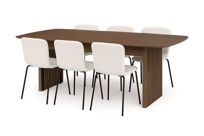 Richeto Ruokapöytä 240 cm 6 Katy Ruokatuolilla, Savutammi / Valkoinen Bouclé