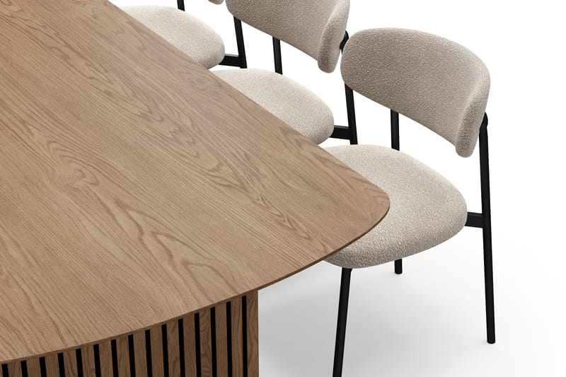 Richeto Ruokapöytä 240 cm 6 Lucy Ruokatuolilla - Luonnollinen viimeistely / Greige Bouclé / Metallijalat Musta - Huonekalut - Pöytä & ruokailuryhmä - Ruokailuryhmä