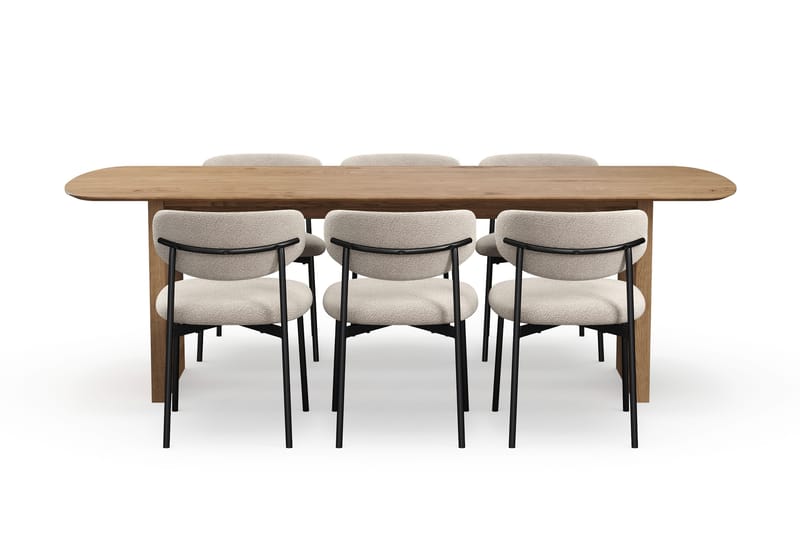 Richeto Ruokapöytä 240 cm 6 Lucy Ruokatuolilla - Luonnollinen viimeistely / Greige Bouclé / Metallijalat Musta - Huonekalut - Pöytä & ruokailuryhmä - Ruokailuryhmä
