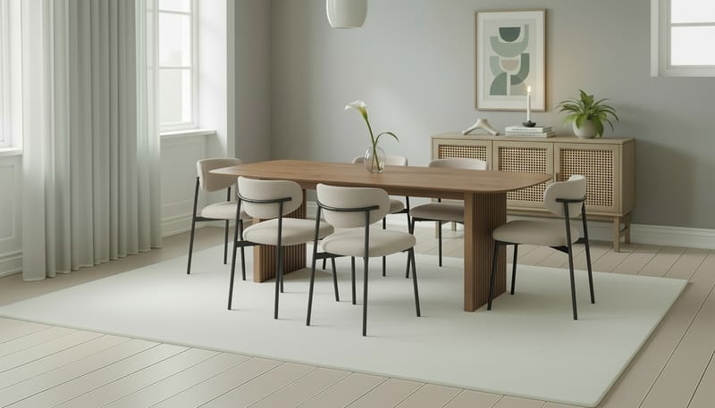 Richeto Ruokapöytä 240 cm 6 Lucy Ruokatuolilla - Luonnollinen viimeistely / Greige Bouclé / Metallijalat Musta - Huonekalut - Pöytä & ruokailuryhmä - Ruokailuryhmä