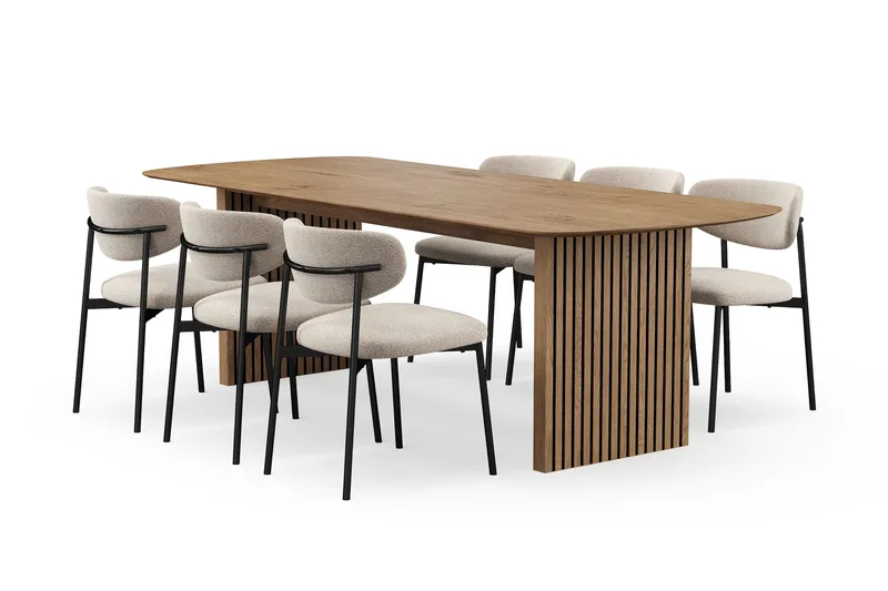 Richeto Ruokapöytä 240 cm 6 Lucy Ruokatuolilla, Luonnollinen viimeistely / Greige Bouclé / Metallijalat Musta